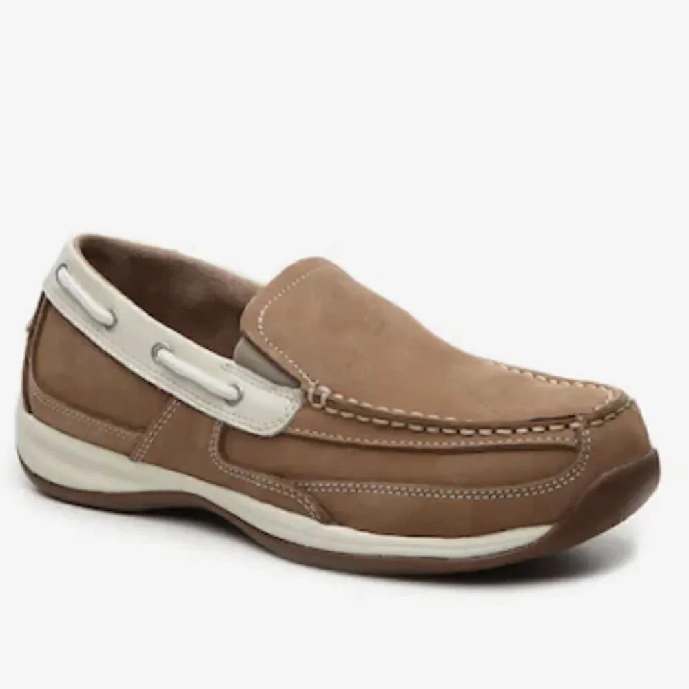 Rockport Works Khaki Leather Steel Toe Boat Deck Shoe Protective Footwear Loafer